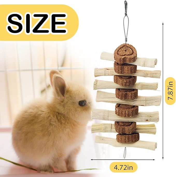 4 PCS Bunny Chew Toys for Grinding Teeth, Hanging Rabbit Snack Toy Natural Chinchilla Sweet Bamboo Sticks Carrot Cake Small Animal Treats String for Chinchilla, Guinea Pigs, Squirrel, Gerbil
