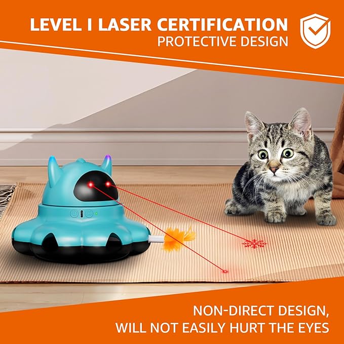 MIKK Cat Laser Feather Toy 2-in-1 Interactive for Indoor Cats Automatic with Remote Control USB-C Rechargeable, No Batteries Needed, Easy Setup, Multi-Cat Use Electronic Kitten Exercise Toy (Blue)