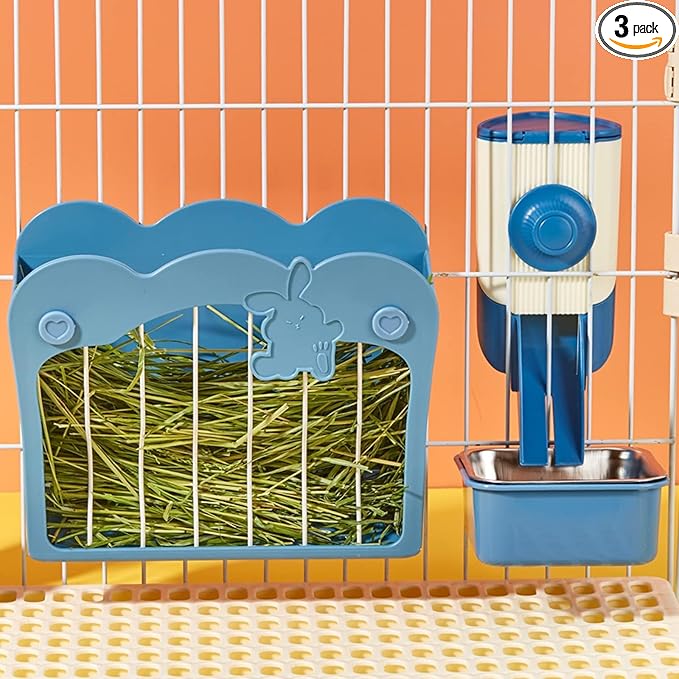 Rabbit Hay Feeder, 3-in-1 Feeding Set with Food Bowl and Hanging Funnel for cage, Hay Rack for Bunny Guinea Pig Chinchilla (Blue)