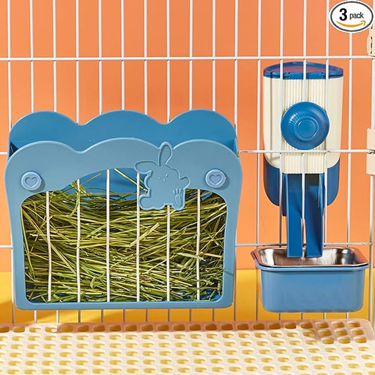 Rabbit Hay Feeder, 3-in-1 Feeding Set with Food Bowl and Hanging Funnel for cage, Hay Rack for Bunny Guinea Pig Chinchilla (Blue)