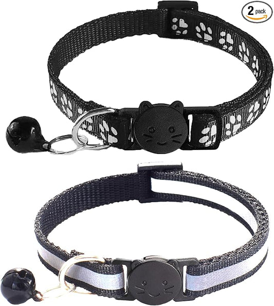 2 Pack Breakaway Cat Collars with Bells, Reflective Design and Claw Print Design, Safety Buckle Kitten Collars Adjustable from 7.5 to 12.5 Inches (Black)