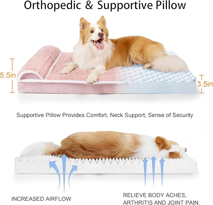 Orthopedic XL Dog Bed Large Sized Dog with Pillow 42''X28'', Waterproof Soft Comfortable Egg Crate Foam Pet Crate Beds Mat with Removable Washable Cover and Non-Slip Bottom, Pink