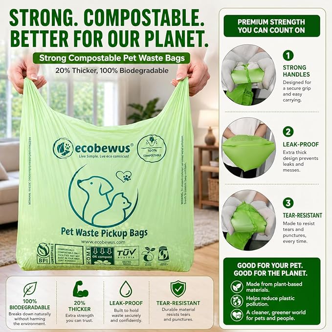 100% Compostable XL Pet Waste Bag (120 ct.) Plant-Based Biodegradable Cat Litter Poop Bags Doggy Poop Bags with Handles Compost Liners US BPI ASTM D6400 & OK Compost Home Certified (120 ct)