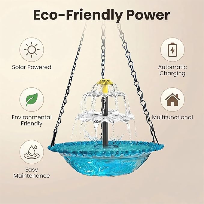 Hanging Solar Bird Bath Fountain with Water Pump, Plastic Basin, 4 Nozzles, Sturdy Metal Chains, Outdoor Garden Decor (Can Spray Water, Blue)