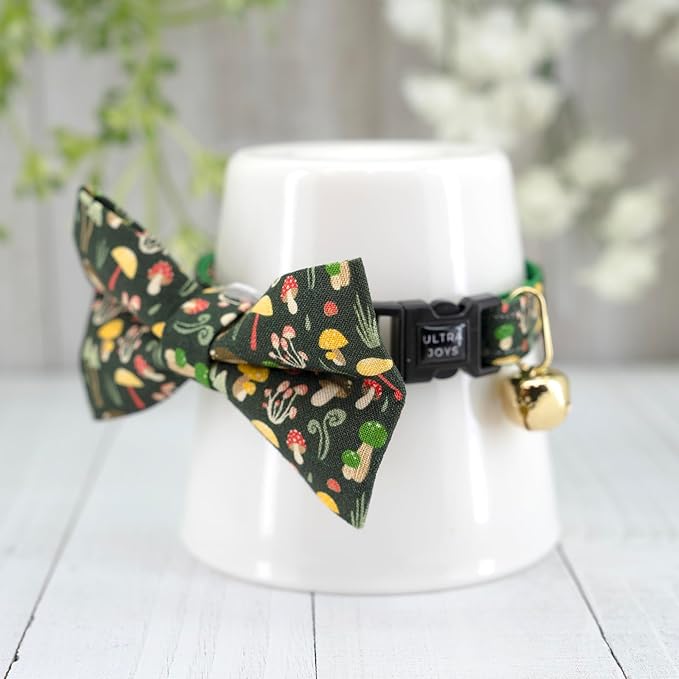 Ultra Joys Breakaway Cat Collar with Bells for Boy & Girl Kitten - Break Away Cat Collar with Bowtie Mushroom Large