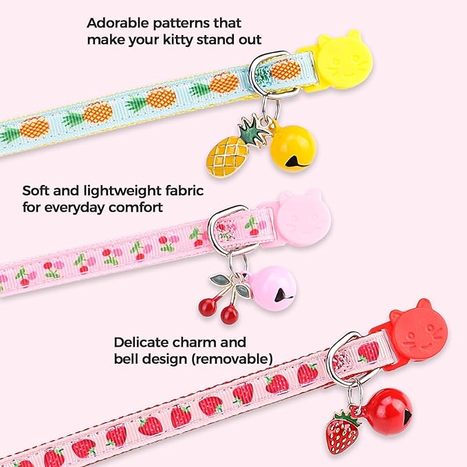 BINGPET Breakaway Cat Collar with Bell, 3 Pack Cat Collars for Girl Cats, Cute Kitty Collars Accessories with Pineapple & Cherry & Strawberry