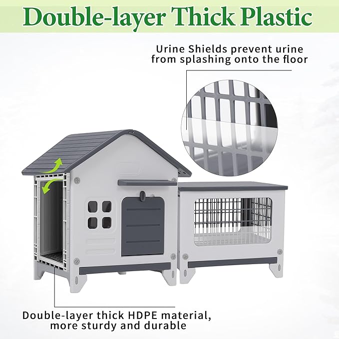 Rabbit Hutch Outdoor Indoor Plastic Waterproof Bunny Cage Enclosure Chew-Proof Rabbit House Guinea Pig Cage Pet House for Small Animals,Two Room
