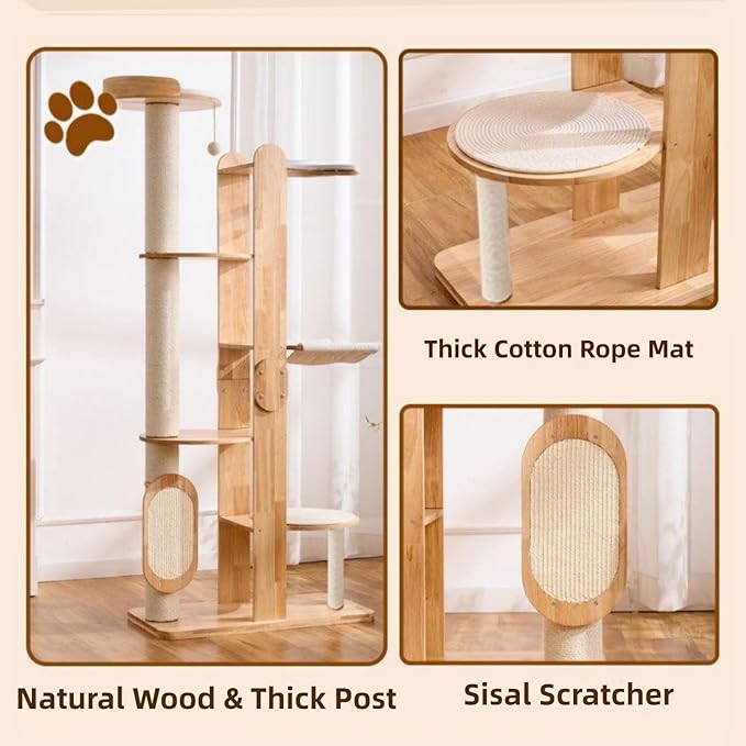 SHENGOCASE 72-Inch Modern Cat Tree Tower Condo for Large Cat, Natural Rubber Wood, Multi-Level Ladder with Hammock, Sisal Scratching Post, Large Perch Platform