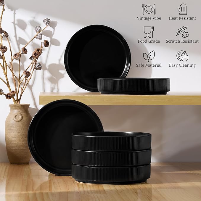 E-far Pasta Bowls Set of 6, 35oz Large Salad Bowl Plate for Dinner Serving Soup, Wide & Shallow Ceramic Stoneware Pasta Plates, Microwave & Dishwasher Safe, Reactive Glaze Texture-Stripe, Matte Black