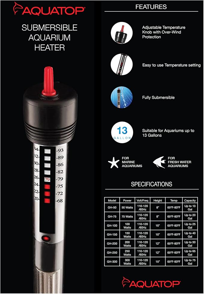 Aquatop 300W Aquarium Submersible Glass Heater – Adjustable Temperature 68-93°F – Fish Tanks Up to 75 Gal – for Freshwater & Saltwater – GH-300