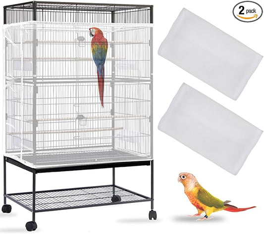 Daoeny 2PCS Bird Cage Seed Catcher, Large Bird Cage Cover, Adjustable Soft Airy Nylon Mesh, Birdcage Cover Skirt Seed Guard for Parrot Parakeet Macaw Round Square Cages (White & White)