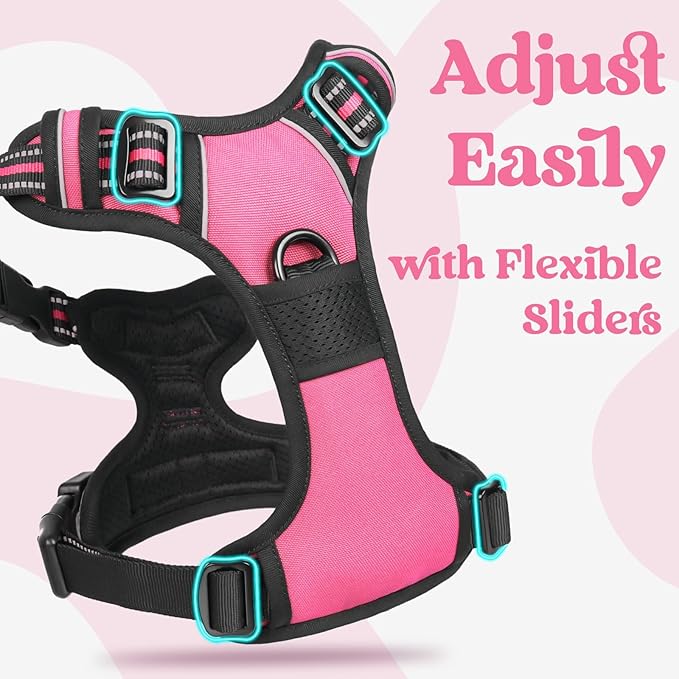 rabbitgoo Dog Harness Medium Sized, No Pull Pet Harness with 3 Buckles, Adjustable Soft Padded Vest with Control Handle, Walking Reflective Pet Vest for Medium Dogs, Rose Pink, M
