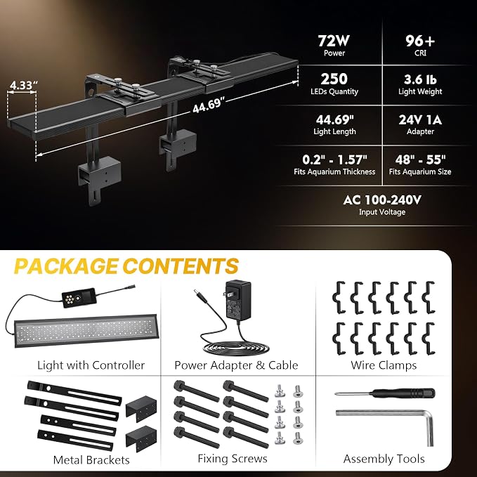 fishkeeper Clip-on Planted Aquarium Light, 6 Row LED, 72W, Dual Light Riser | 49-55in Full Spectrum Fish Tank Light with 24/7 Natural Mode, DIY Mode, Adjustable Height/Front-to-Back Aquarium Lamp Holders