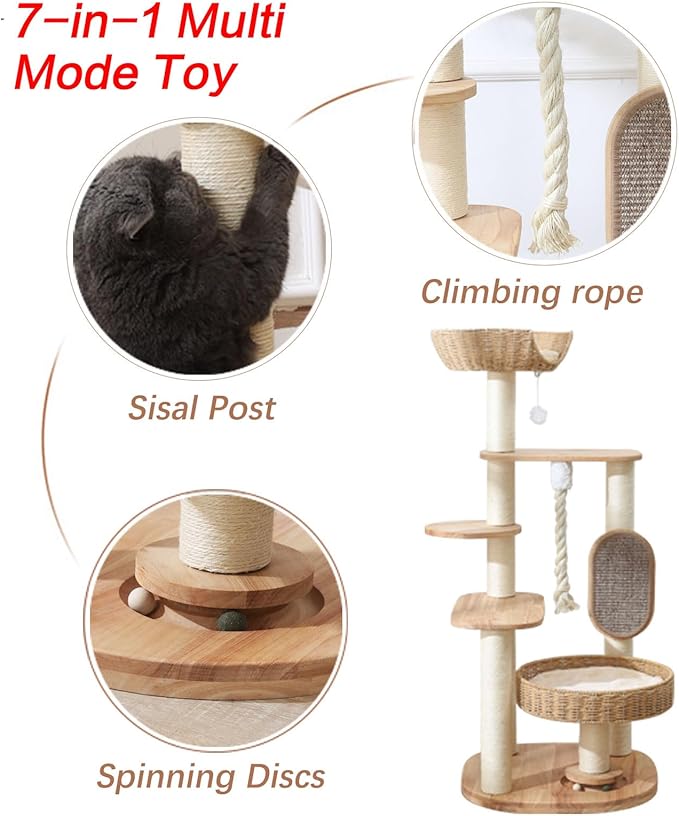 Wooden Cat Tree for Large Cat, 49.6IN Tall Cat Tower with Scratching Post for Indoor Cats, Multi-Level Cat Condo with Hand-Woven Cat Bed and Scratching Board Easy to Clean