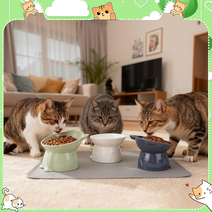 3 Pcs Elevated Cat Bowls 15°Raised Cat Food Bowl with Silicone Mat Whisker Friendly Anti Vomiting Cats Dishes Pet Food and Water Bowls for Indoor Cats Kittens Classic 3 Colors