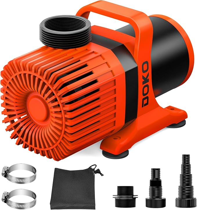 DOKO Submersible Water Pump, 6600GPH Pond Pump with 20FT Power Cord and 26 FT Lift Heigh,500W Ultra Quiet Fountain Water Pump for Pond, Aquarium, Waterfall, Fish Tank, Hydroponic, Orange Black
