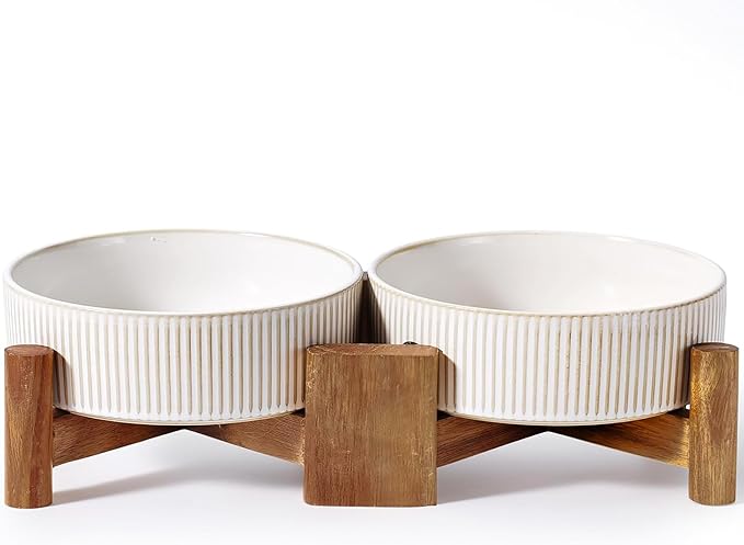 Getstar Elevated Ceramic Dog Cat Bowl Set - 1.8-Cup Raised Feeding Bowls with Non-Slip Wood Stand - Small Pet Dishes for Food and Water - Ideal for Cats and Puppies
