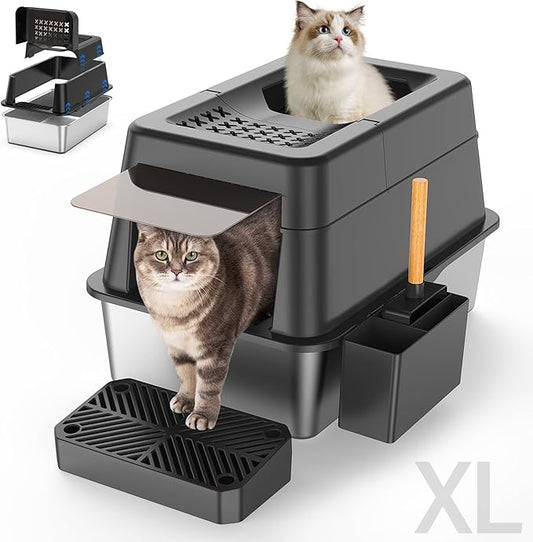 Aphyxen Stainless Steel Litter Box with Lid, XL Extra Large Enclosed Cat Litter Box Fits All Cats Modular Design with Flip Cover, Top Entry Metal High Sided Cat Box & Pedal & Scoop (Black)