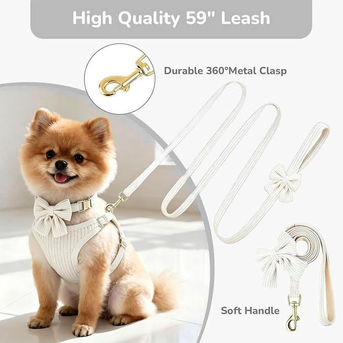 Small Dog Collar Harness and Leash Set with Bowtie, Adjustable Dog Harness Collar and Leash Set with Secure Metal Buckle, Breathable Cotton Adjustable Pet Puppy Harness, Easy Walk Harness, S(14–18.9")