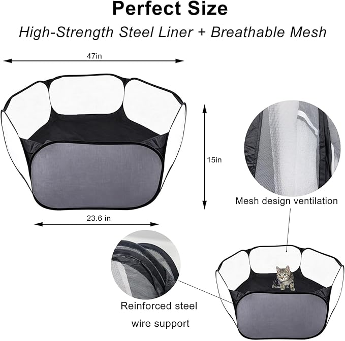 Small Animal Playpen, Portable 6-Sided Foldable Yard Fence for Rabbits, Hamsters, Chinchillas, Hedgehogs, High-Strength Steel Mesh Tent for Indoor & Outdoor Use (Black)