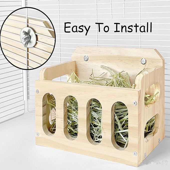 Rabbit Hay Feeder Wooden Hay Rack Guinea Pig Hay Holder Less Wasted Hanging Hay Feeder for Bunny Chinchillas Guinea Pig Small Animal Supplies