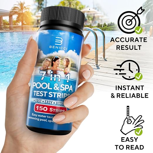 7-in-1 Accurate Pool Test Strips - 150 Hot Tub Spa Test Strips - Quick Pool Water Testing Kit - Bromine, pH, Hardness, Alkalinity, Chlorine & Cyanuric Acid - Perfect for Any Pools, Spa, Hot tubs