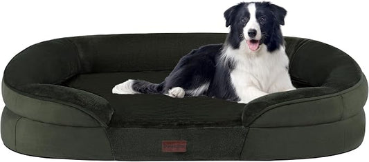 Dwanton Orthopedic Dog Bed for Large Dogs with Gel Memory Foam, Waterproof Dog Sofa, Washable Pet Bed with Four Sided Bolster Cushion, Removable Cover & Non-Slip Bottom, 38", Green