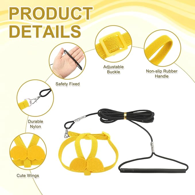 Bird Harness Leash, Adjustable Pet Parrot Bird Harness and Leash Lightweight Anti-Bite Flight Training Rope with Cute Wing, (Yellow, S), Intended for Parrots/Pigeons/Budgies
