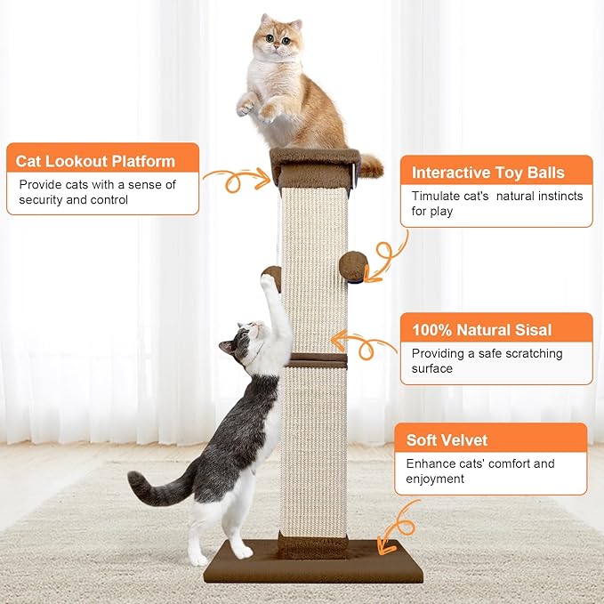 SOCATER Cat Scratching Post 33 Inch Nature Sisal Cat Scratch Post for Indoor Cats, Large Cat Scratcher Protect Your Furniture, for All Breeds Brown