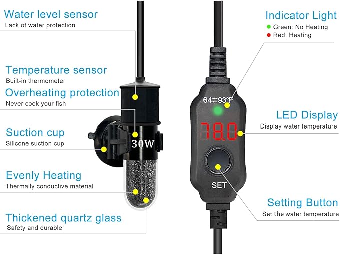 YukiHalu Super Mini Aquarium Heater, 10W 20W 30W Adjustable Fish Tank Heater with External Controller, Overheating Protection, Digital Display, Used for 0.5-3 Gallons(30 watts)