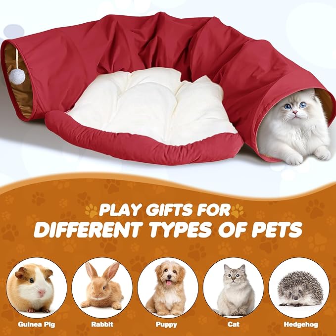Spardar Bunny Tunnel Bed, 2-in-1 Collapsible Tunnel Tubes Toys, Washable, with Removable Mat Hideout, Interactive Toys for Rabbits Chinchilla Hedgehog Guinea Pigs Kitty, Red