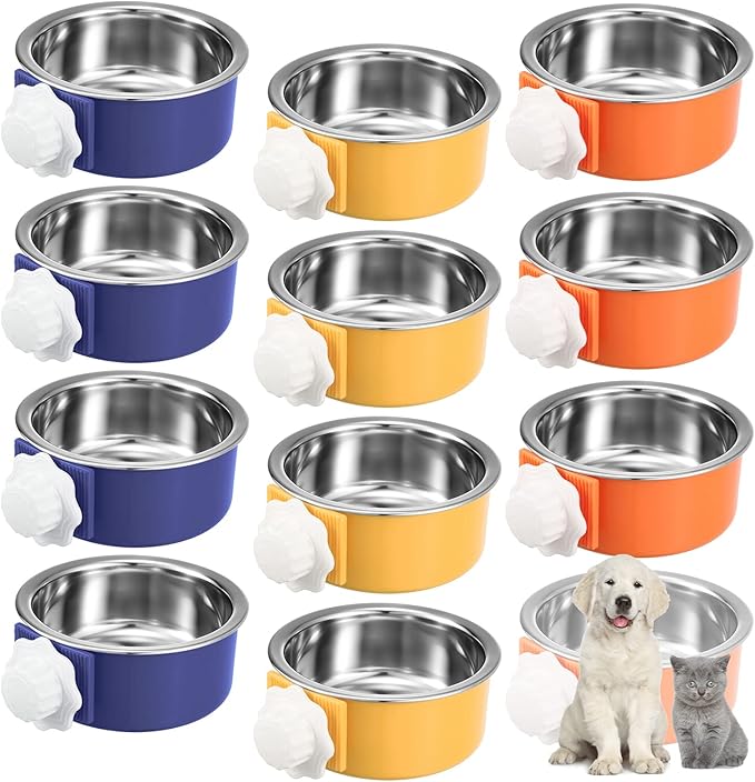 Amyhill 12 Pcs Crate Dog Bowls Bulk Removable Stainless Steel Hanging Food Water Feeder Bowl Pet Kennel Cage Coop Cup for Cat, Puppy, Birds, Rats, Ferret, Guinea Pigs, 3 Colors