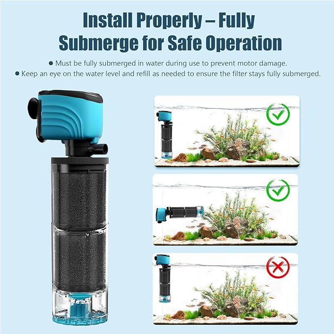 Submersible Aquarium Filter, Upgraded 50-150 Gallon Fish Tank Filter with Fish Guard, Internal Whisper Pump for Turtle Tank, Debris Tray, Check Valve, Fresh/Saltwater, 12-Inch
