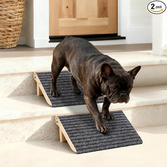 Foldable Dog Ramp for Stairs, Wooden Dog Stairs for Small Dogs | 4.2"H, 2 Pack, Up to 170 lbs, Assist Elderly/Injured Small Dogs, Anti-Slip Carpet Surface, Natural Solid Wood, No Assembly