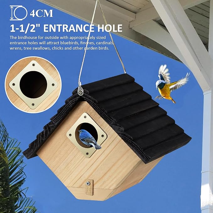 NATUREYLWL Bird House for Outside, Outdoor Bird Houses for Bluebirds, Finches & Cardinals, Wooden Birdhouse with Easy Clean Design, Hanging Birds Nest Box for Garden Decoration (8.6 x 5.9 x 7 Inch)
