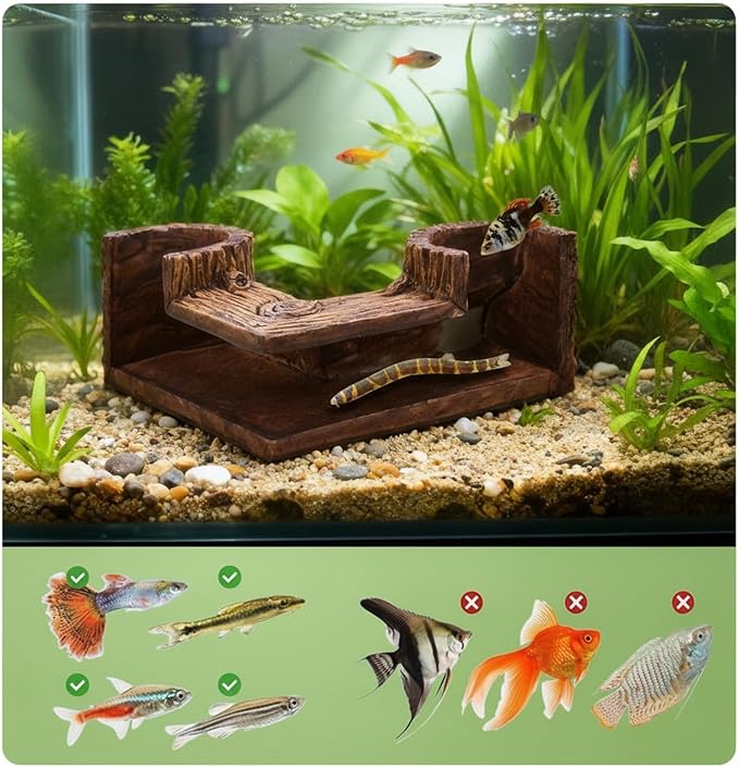 Aquarium Cave, 5.1” x 2” x 2.6” Wood-Like Fish Tank Cave for Corners, Fish Tank Accessories Tunnel Cave & Hideout for Aquarium Guppy, Corydoras Catfish, Bettas Hide(Color:Brown)
