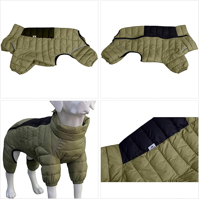 Olive Green Dog Jacket, 4 Legs Covered Waterproof Windproof Reflective Warm Vest, Zippered Adjustable Outdoor Snow Jacket for Small to Large Dogs XL