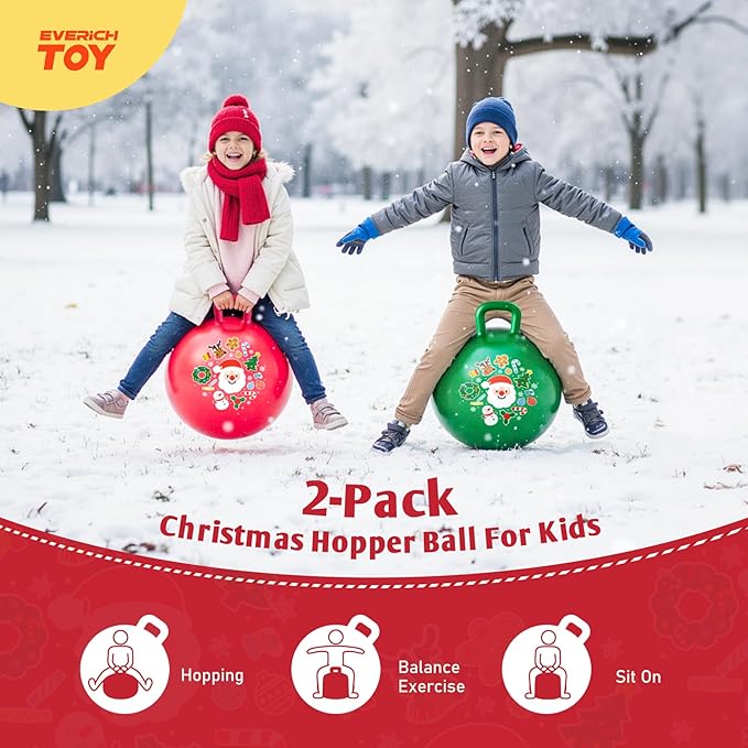 2-Pack Hopper Ball for Kids 18In Sit On Bouncy Ball with Handle with Christmas Reindeer Ears, The Top Green & Red Christmas Boys Girls Gifts for 4 5 6 7 8 Yr Old Indoor Outdoor Active Play