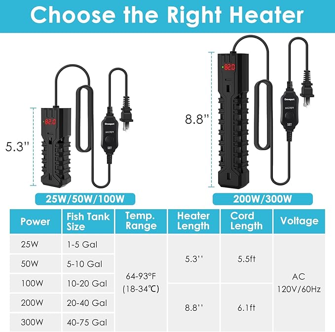 200W Aquarium Heater, Adjustable Fish Tank Heater, with Digital Display, Overheat Protection & Dry Run Protection, for 20-40 Gallon Water