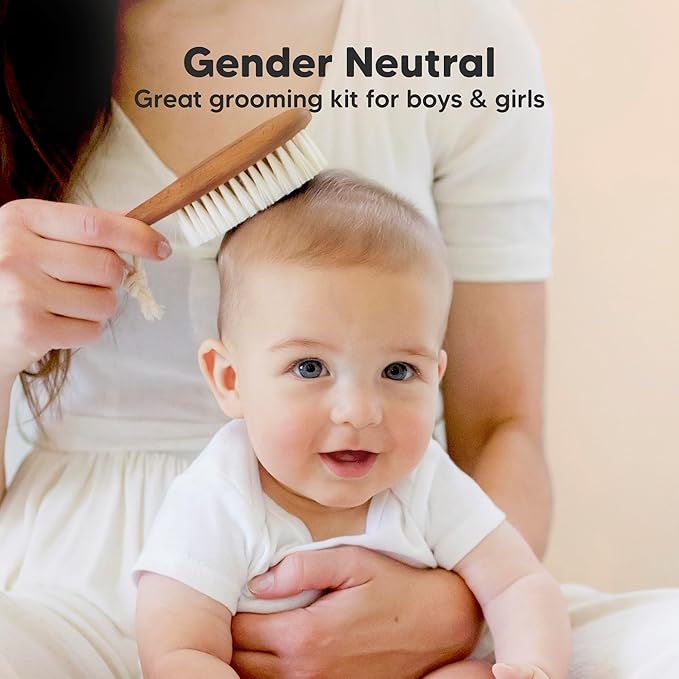 Baby Hair Brush Set for Newborns - Soft Goat Bristle Wooden Baby Brush and Comb Set Newborn Grooming Kit for Cradle Cap, Durable & Gentle, Boy, Girl Infant Essentials Care Kit (Regular, Dark Walnut)