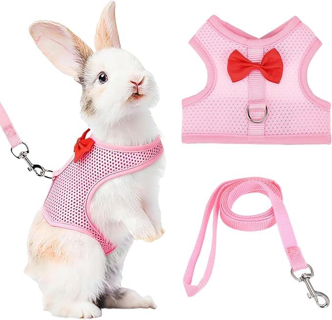 Rabbit Harness and Leash, Small Pet Cute Vest Harness Leash Soft Adjustable Buckle Breathable Mesh (M, Pink) for Bunny Kitten Small Pig Puppies Camping Hiking Training