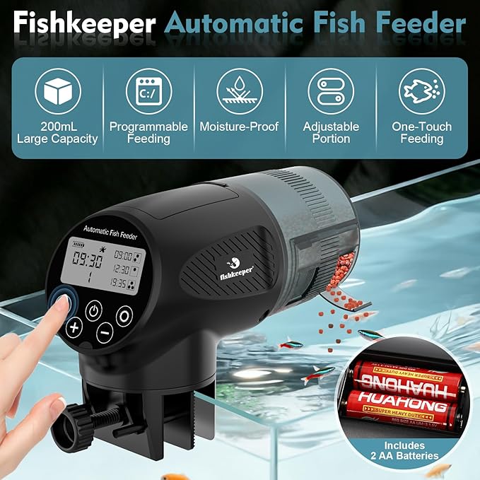 fishkeeper Automatic Fish Feeder for Aquarium: Moisture-Proof Auto Precision Feeders Dispenser with LCD Display for Small Tank Turtle Betta Koi - Battery Food Feeding Timer for Vacation Weekend Day