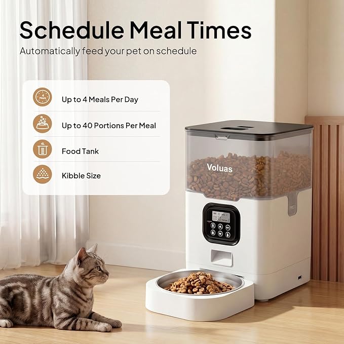 VOLUAS Automatic Cat Feeders - Dry Food Dispenser with Timer, Desiccant Bag, Programmable Portion Size Control 4 Meals Per Day, 10s Voice Recorder