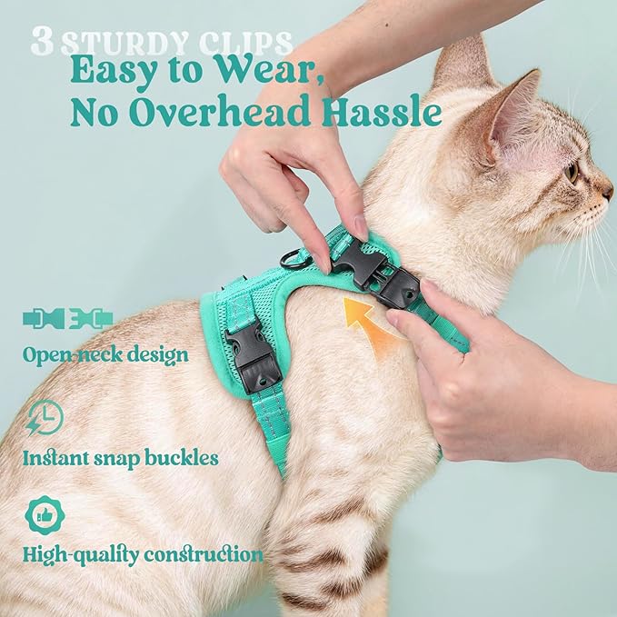 rabbitgoo Cat Harness and Leash, Escape Proof Vest with 3 Adjustable Buckles, Soft Comfortable Kitten Harness, Easy to Wear, Reflective for Safe Outdoor Walking, Medium, Green