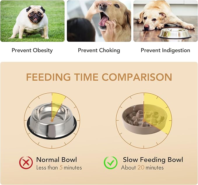 Havniva Ceramic 3.2 Cup Raised Slow Feeder Dog Bowl Set, Elevated 8.2inch Bowl and 9.5inch Slow Pet Food Dish with Wooden Stand for Large Dog (2 x Brown Coffee+ Stand)