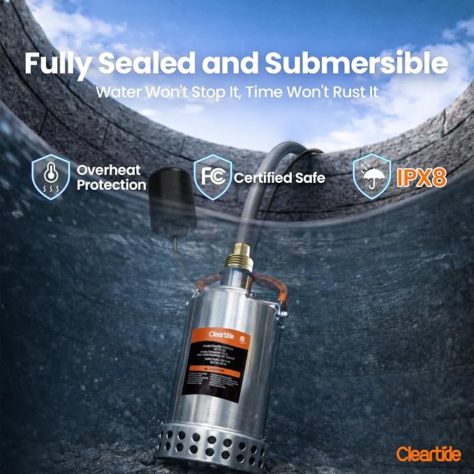 Stainless Steel Submersible Water Sump Pump with Float Switch, 1/2 HP, 3060 GPH Ideal for Pool, Yard, Flooded Cellar & Basement, Hot Tub, Pond, and Garden Draining, 10 FT Cord