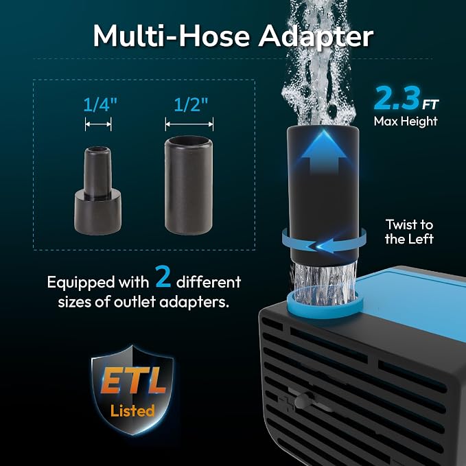 Hexago Small Fountain Pump, 80GPH (4.2W 300L/H) Mini Submersible Pumps, 3 Outlet Adapters, Submersible Water Fountain Pumps for Aquariums, Fish Tank, Tabletop Fountain, Pet Fountain and Hydroponics