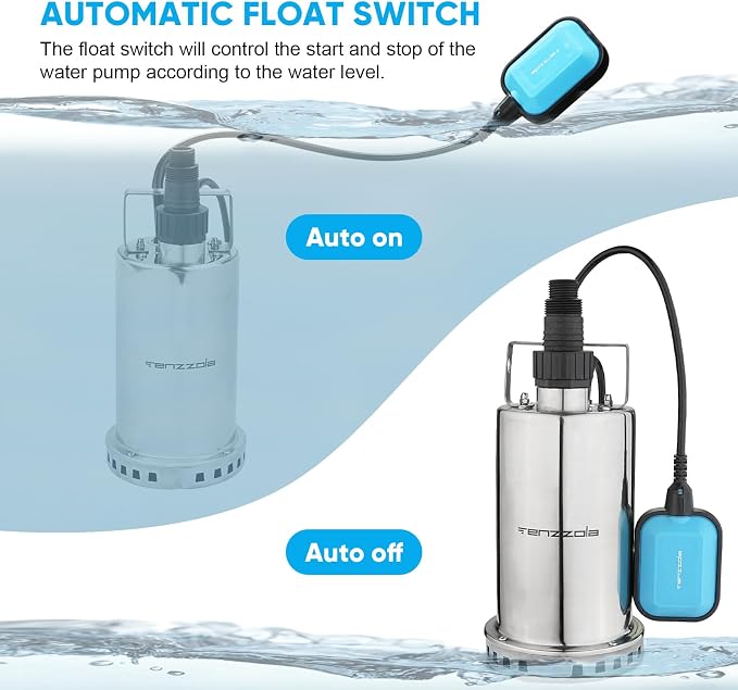 Sump Pump, 3/4 HP 3180GPH Submersible Utility Water Pump, Stainless Steel Portable Electric Water Removal Transfer Pump with 16.4FT Cord for Swimming Pool Basement Garden Pond Tubs Draining