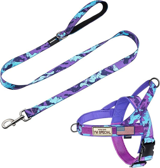 Annchwool No Pull Dog Harness with Padded Handle+5 Ft Leash,Escape Proof and Quick Fit to Adjust Dog Harness,Easy for Training Walking for Small & Medium and Large Dogs(Camo Purple Set,M)
