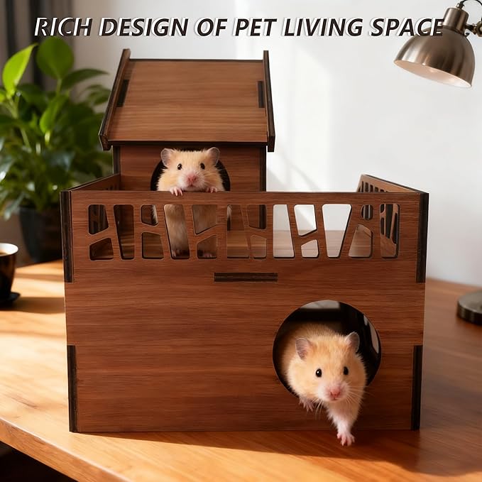 Wooden Hamster Cage, Multi-Chambered Natural Wood Hamster House with Underground Platform & Balcony, Chewable Maze-Like Habitat for Hamsters, Mice, Dwarf Hamsters